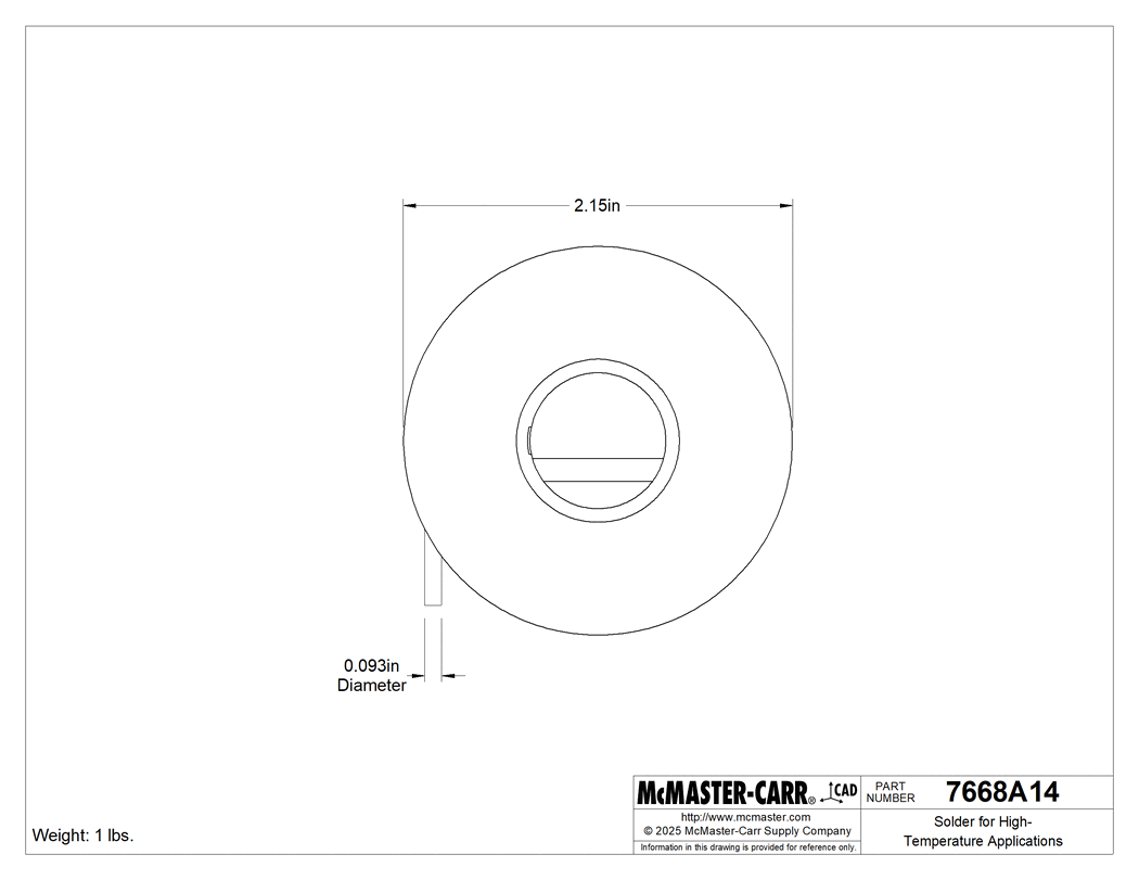 Technical Drawing of Solder for High-Temperature Applications, 0.093" Diameter, 1 lb..
